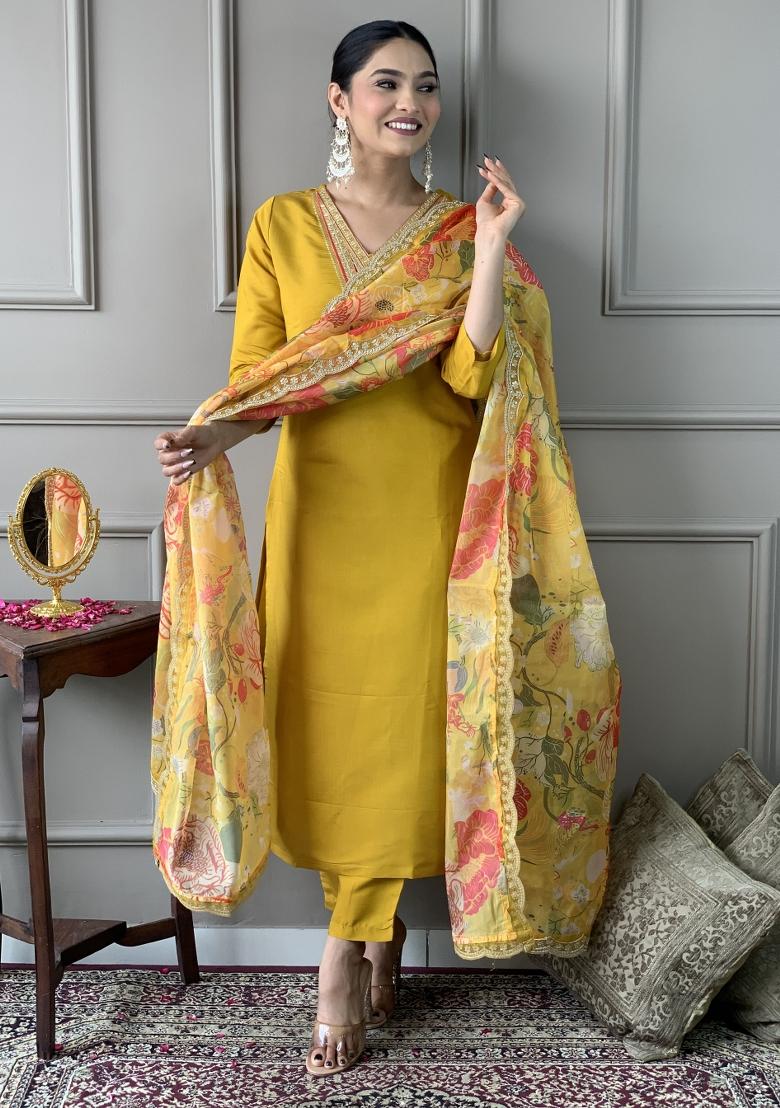Yellow Chanderi Embroidered Kurta Set