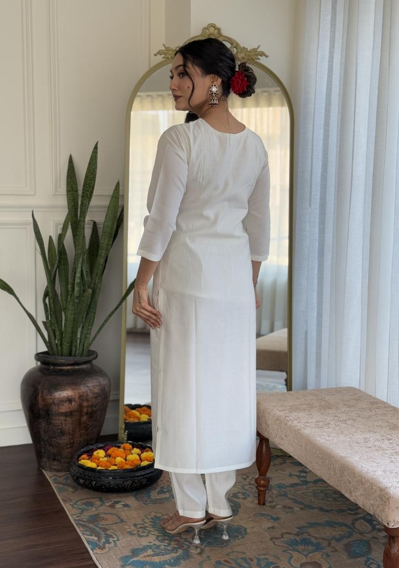 White Silk Embroidered Kurta Set