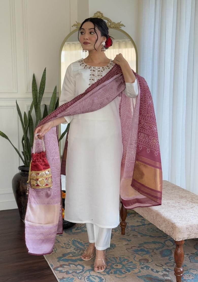 White Silk Embroidered Kurta Set