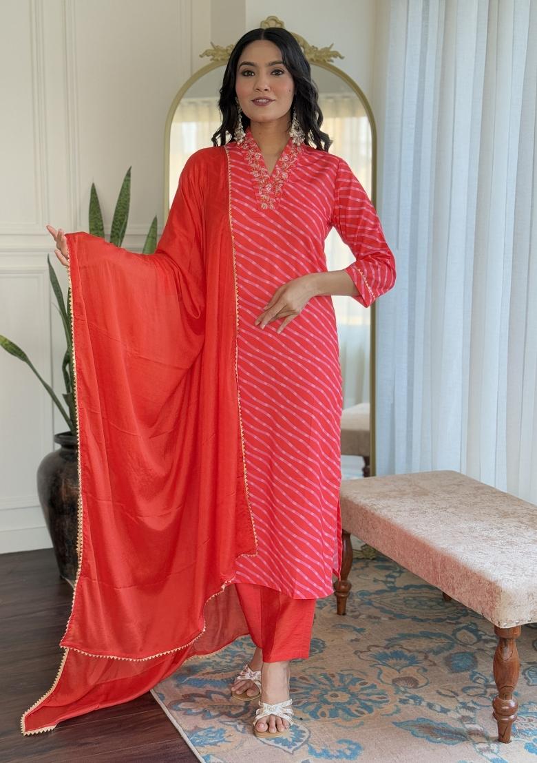 Orange Muslin Embroidered Kurta Set