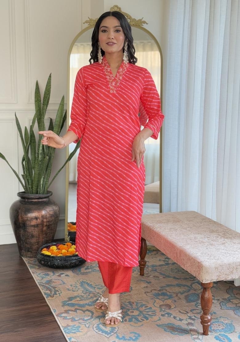 Orange Muslin Embroidered Kurta Set