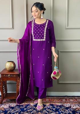 Purple Rayon Embroidered Kurta Set