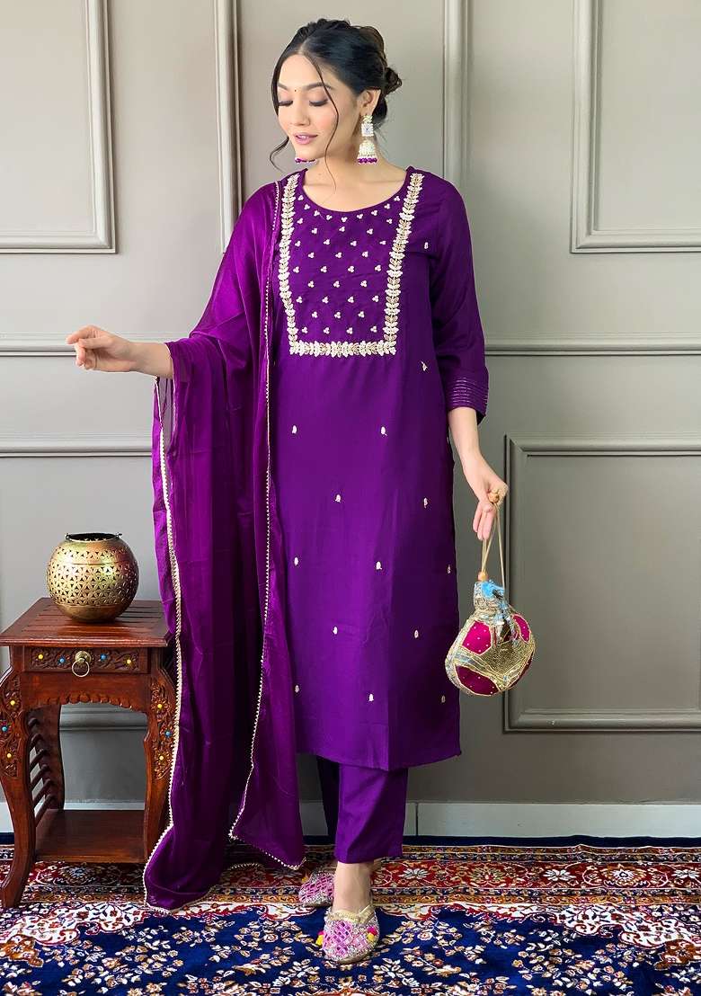 Purple Embroidered Rayon Straight Kurta Set - Indya