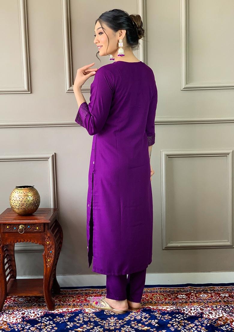 Purple Rayon Embroidered Kurta Set