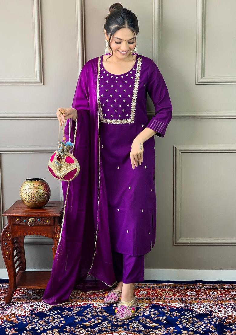 Purple Rayon Embroidered Kurta Set