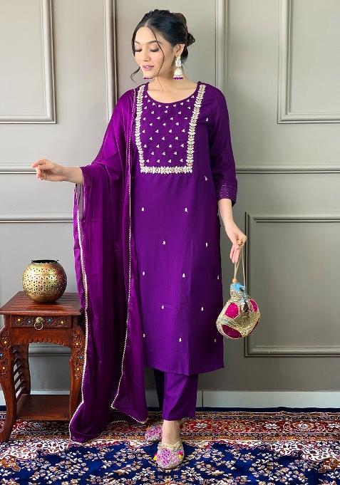 Purple Rayon Embroidered Kurta Set