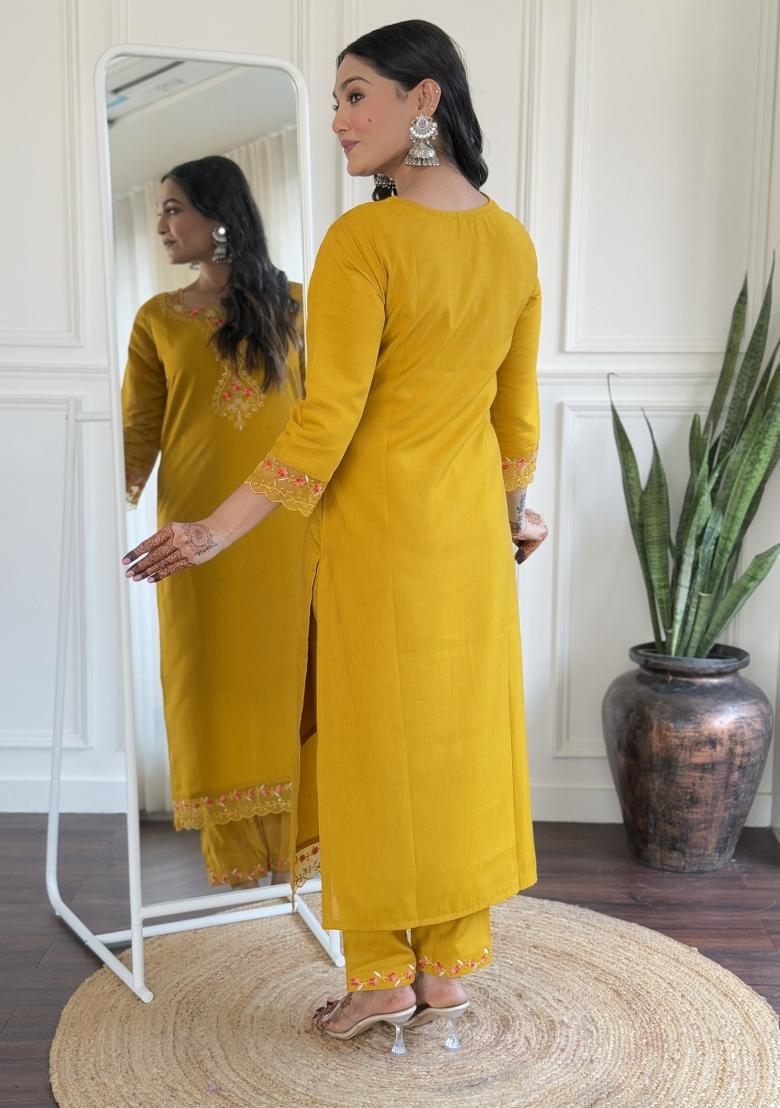 Yellow Silk Embroidered Kurta Set