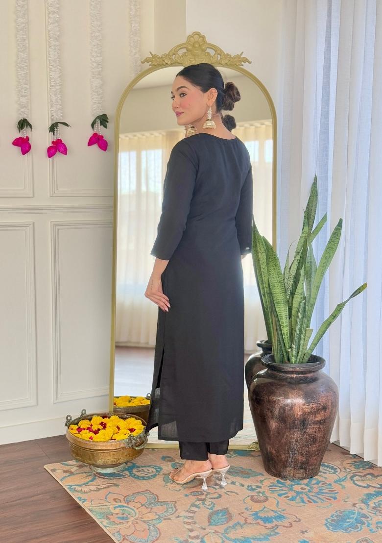 Black Chanderi Viscose Embroidered Kurta Set