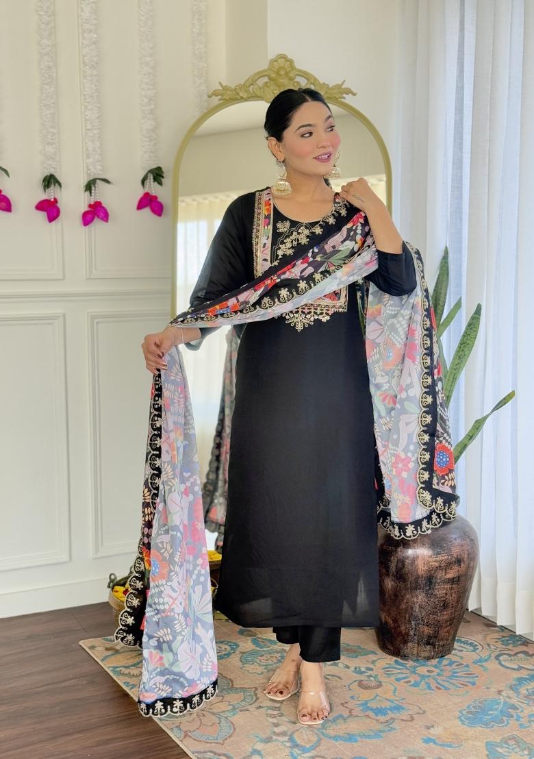 Black Chanderi Viscose Embroidered Kurta Set