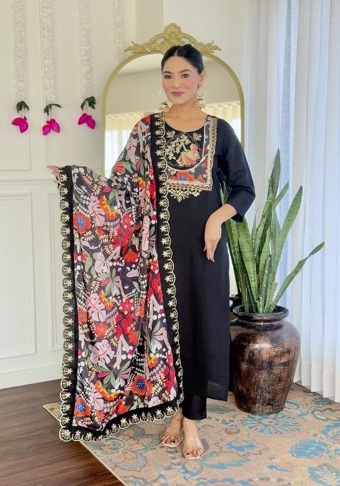 Black Chanderi Viscose Embroidered Kurta Set
