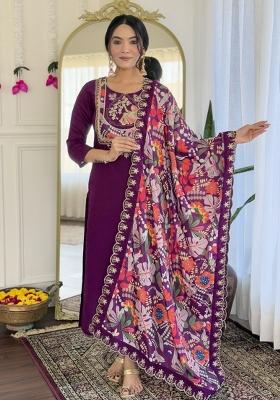 Purple Chanderi Viscose Embroidered Kurta Set