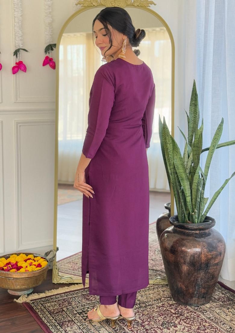 Purple Chanderi Viscose Embroidered Kurta Set