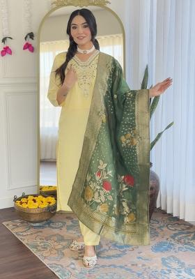 Yellow Chanderi Viscose Embroidered Kurta Set