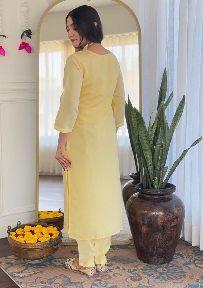 Yellow Chanderi Viscose Embroidered Kurta Set
