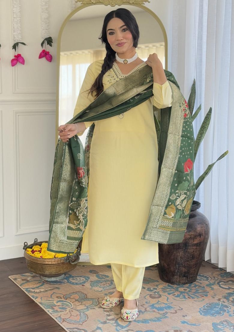 Yellow Chanderi Viscose Embroidered Kurta Set
