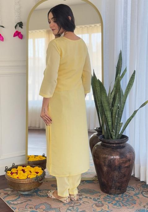 Yellow Chanderi Viscose Embroidered Kurta Set