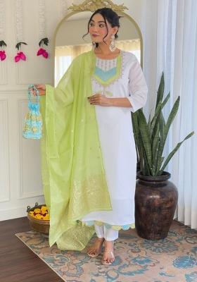White Chanderi Viscose Embroidered Kurta Set