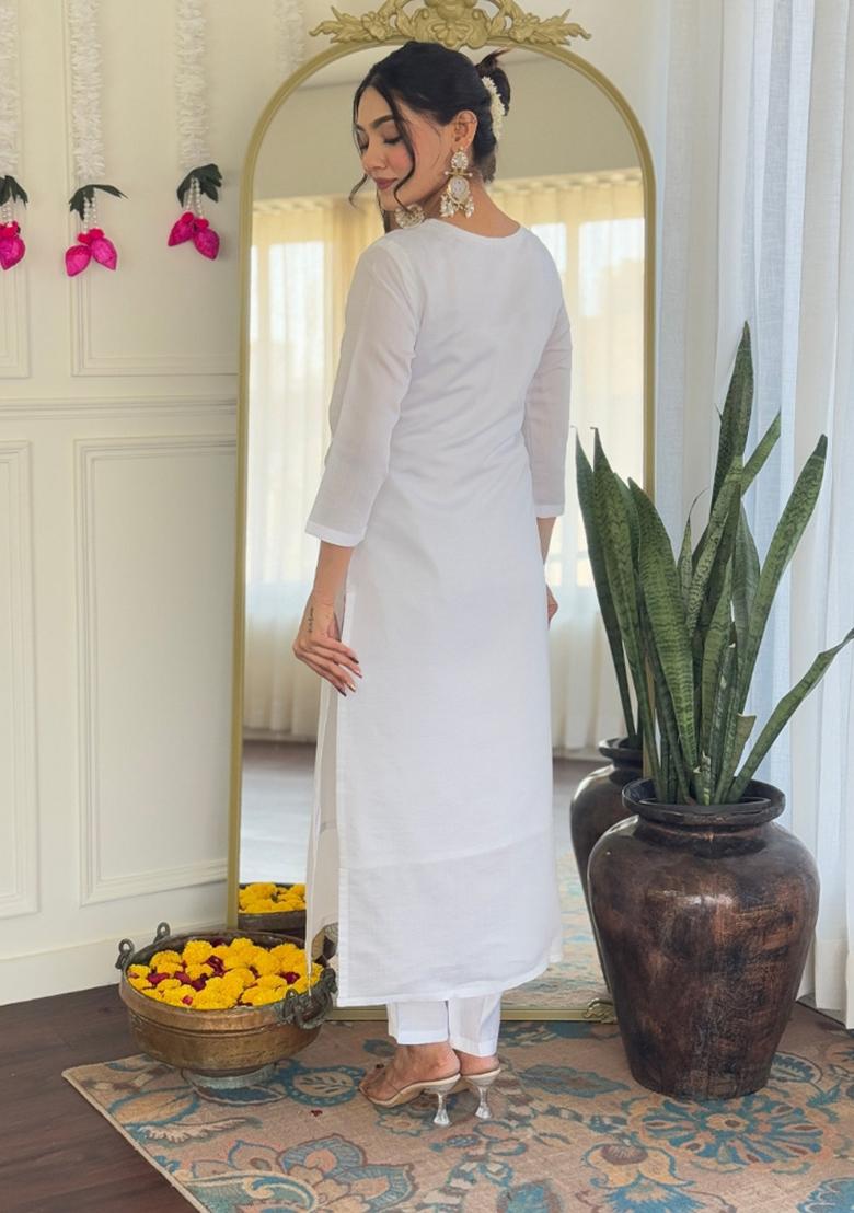 White Chanderi Viscose Embroidered Kurta Set