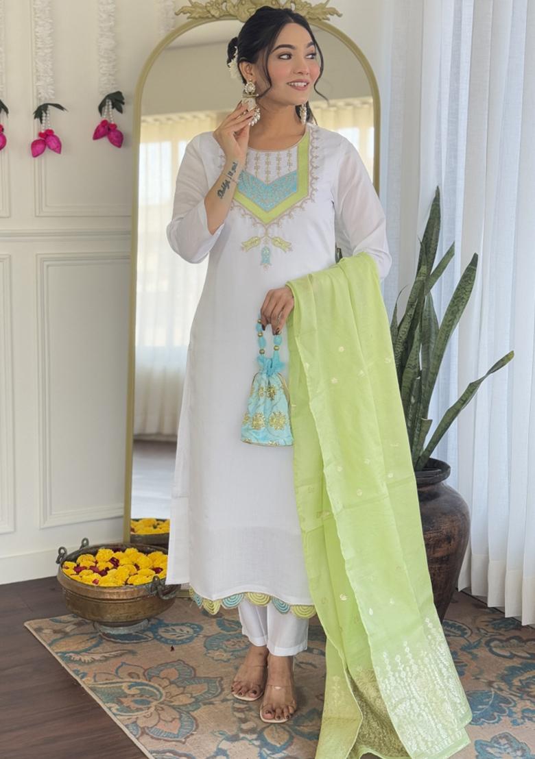 White Chanderi Viscose Embroidered Kurta Set