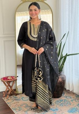 Black Cotton Blend Embroidered Kurta Set
