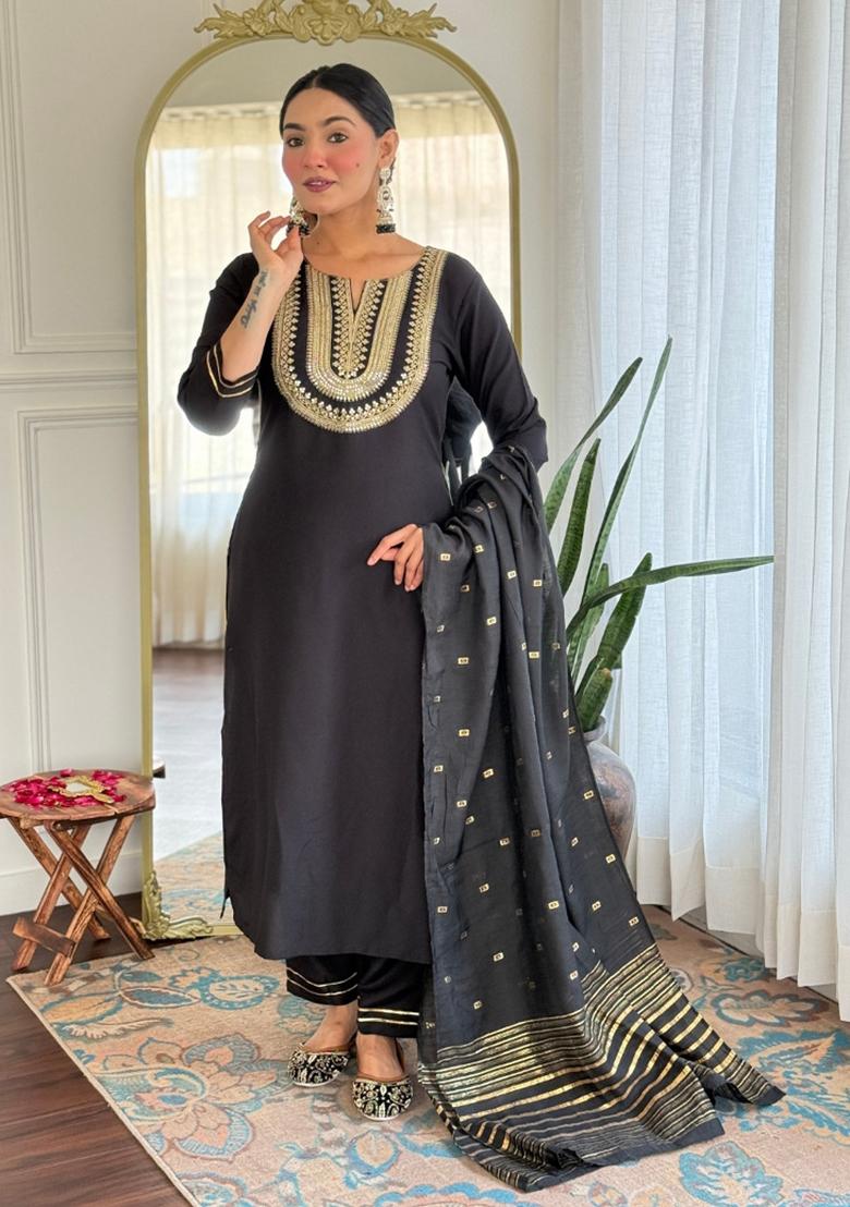 Black Cotton Blend Embroidered Kurta Set