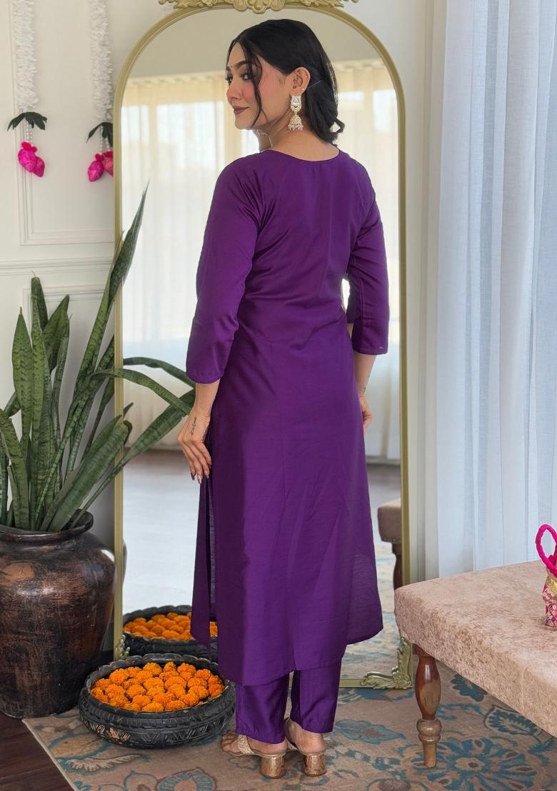 Purple Rayon Embroidered Kurta Set
