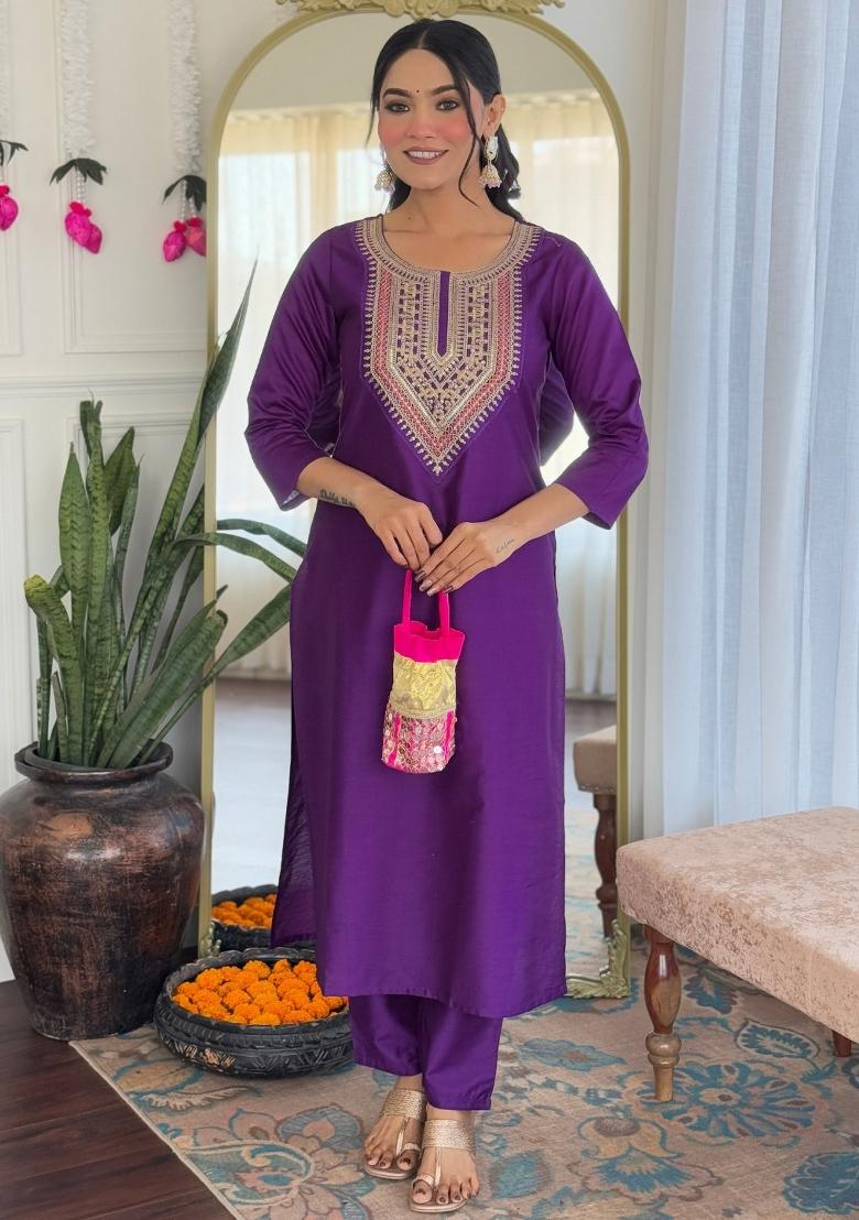 Purple Rayon Embroidered Kurta Set