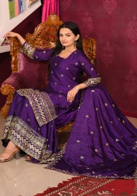 Purple Chinon Embroidered Kurta Set