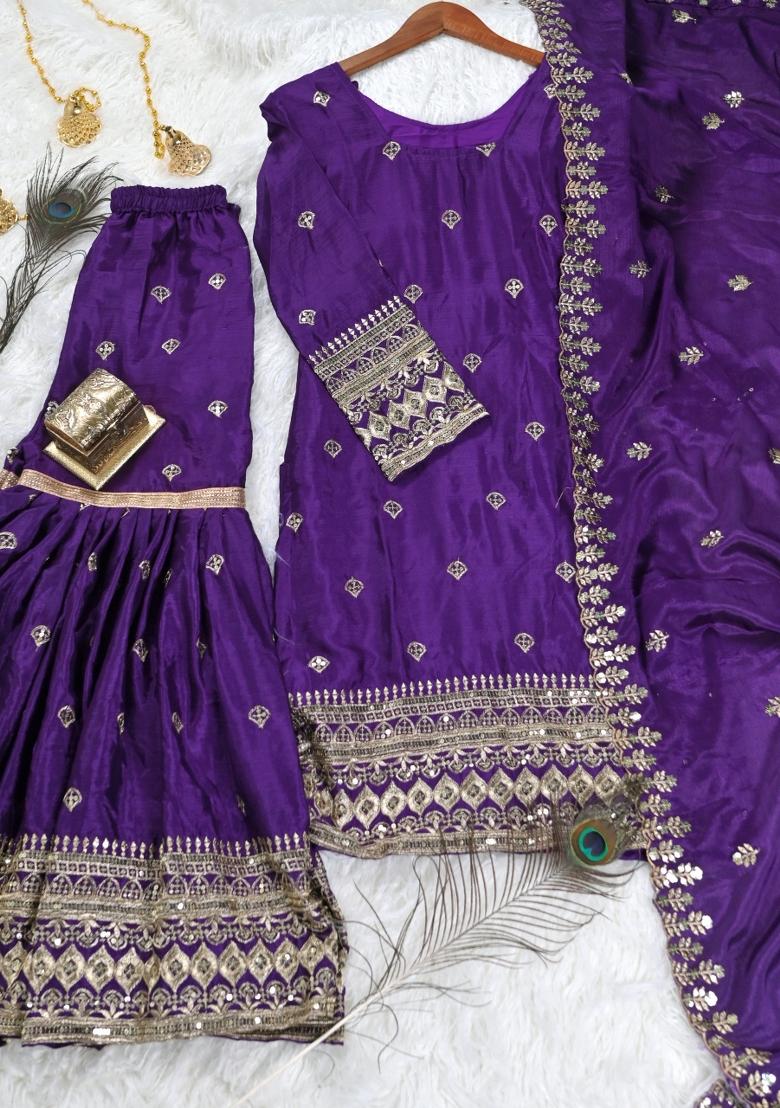 Purple Chinon Embroidered Kurta Set