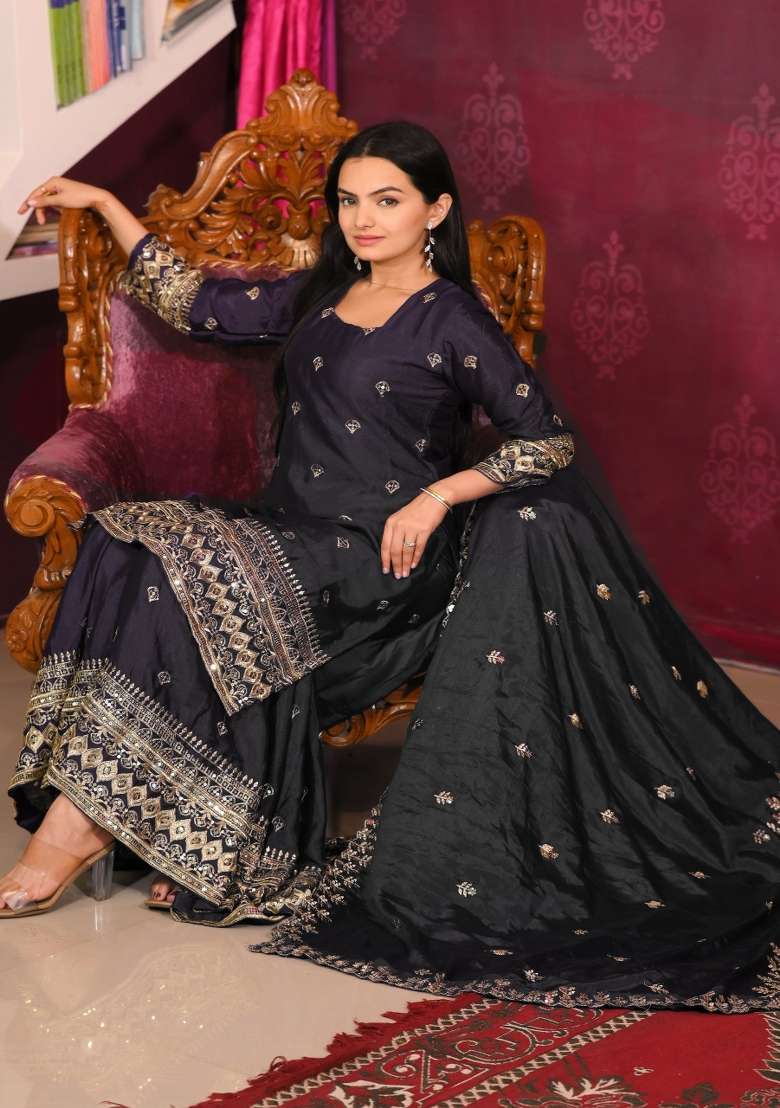 Black Embroidered Chinon Sharara Set - Indya