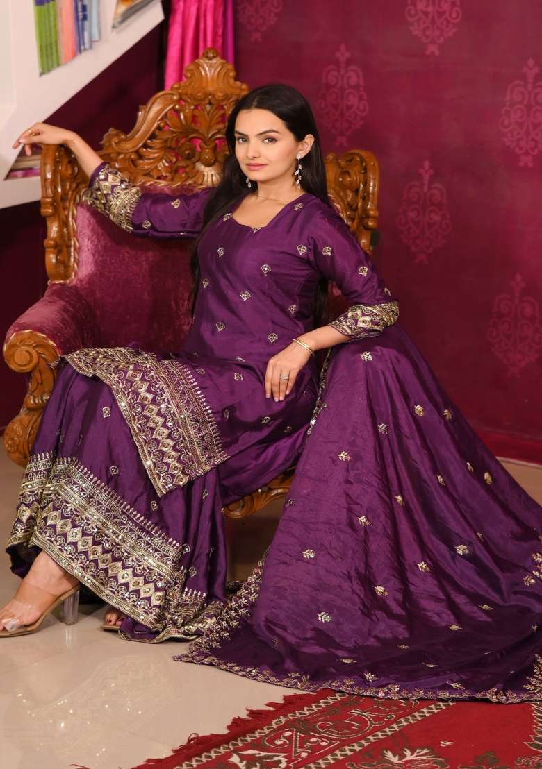 Wine Embroidered Chinon Sharara Set - Indya