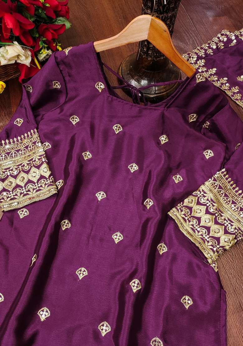 Wine Embroidered Chinon Sharara Set - Indya