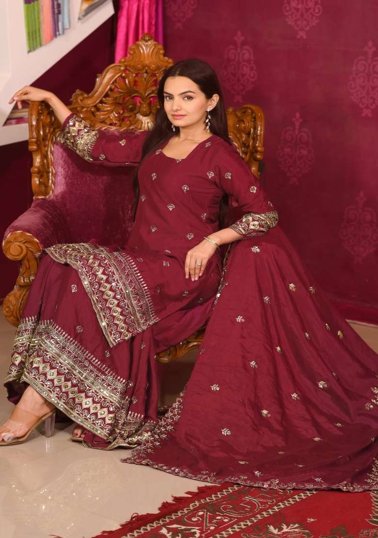 Red Embroidered Chinon Anarkali Set - Indya