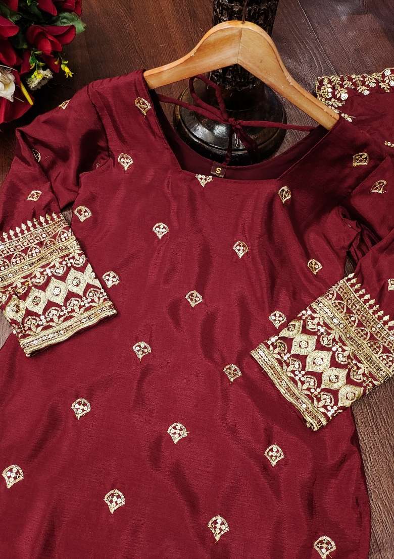 Red Embroidered Chinon Anarkali Set - Indya
