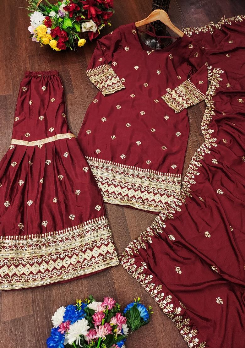 Red Chinon Embroidered Kurta Set