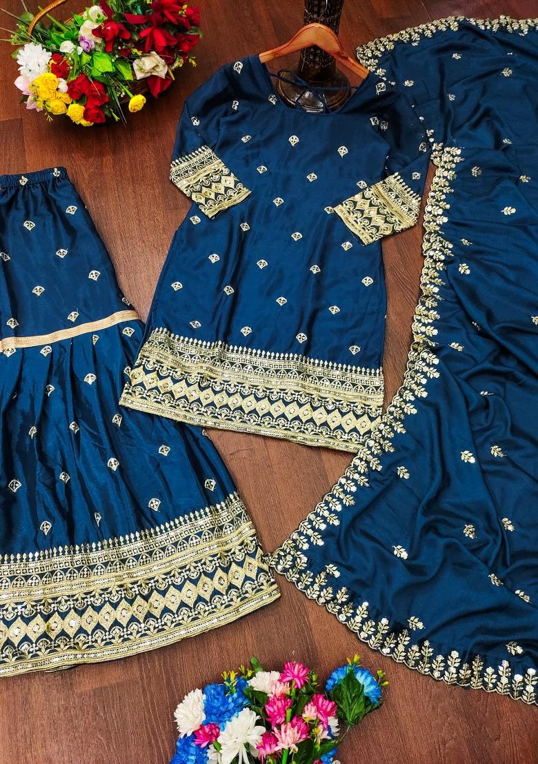 Blue Chinon Embroidered Kurta Set