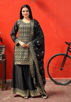Black Chinon Embroidered Kurta Set