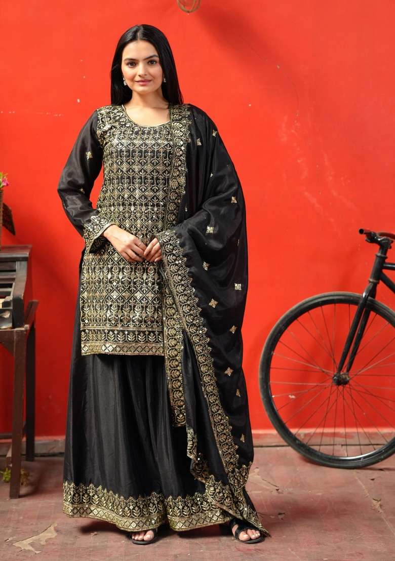 Black Embroidered Chinon Sharara Set - Indya