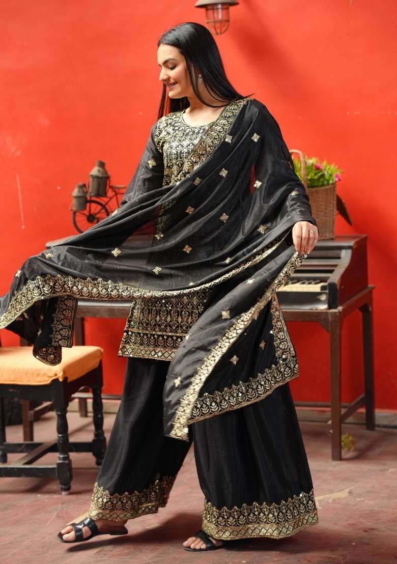 Black Embroidered Chinon Sharara Set - Indya