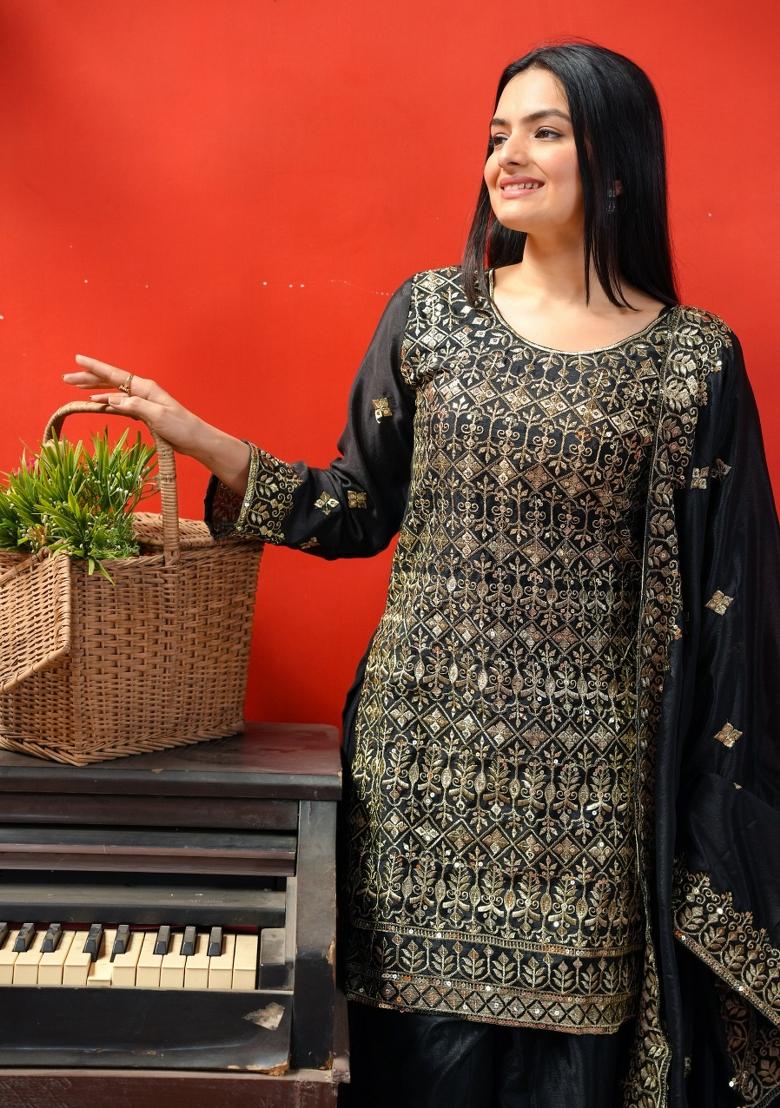 Black Chinon Embroidered Kurta Set