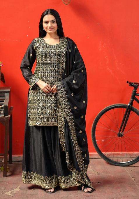 Black Chinon Embroidered Kurta Set