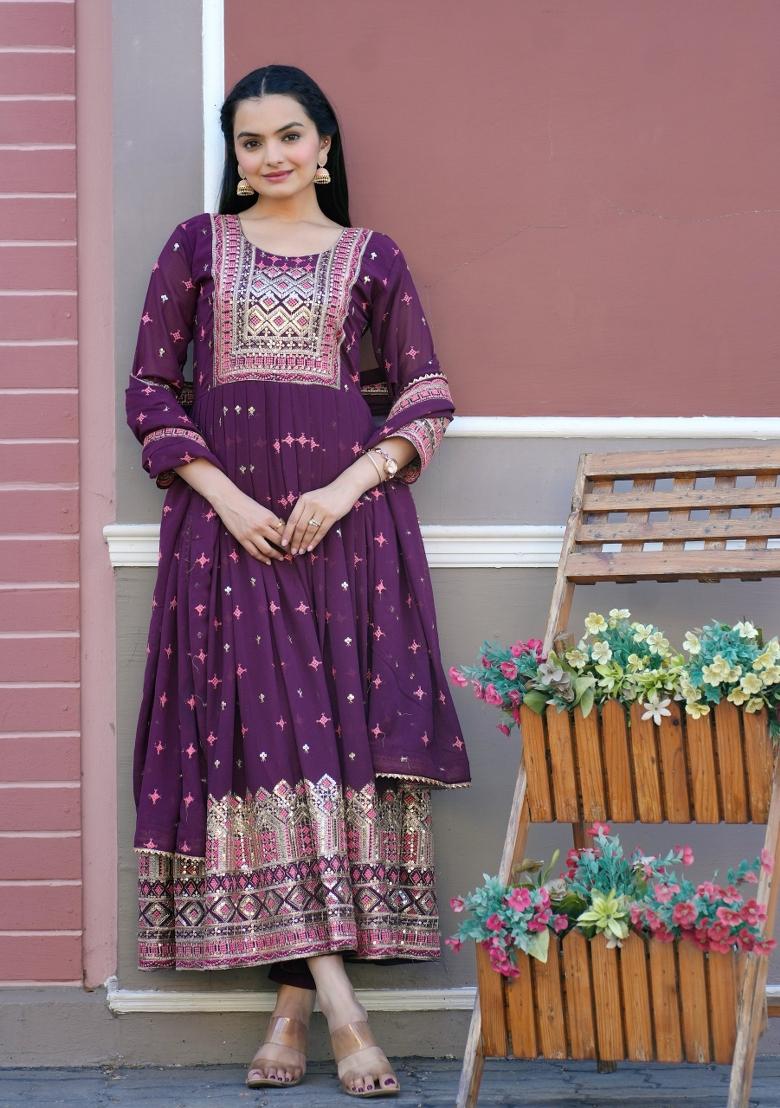 Purple Georgette Embroidered Kurta Set
