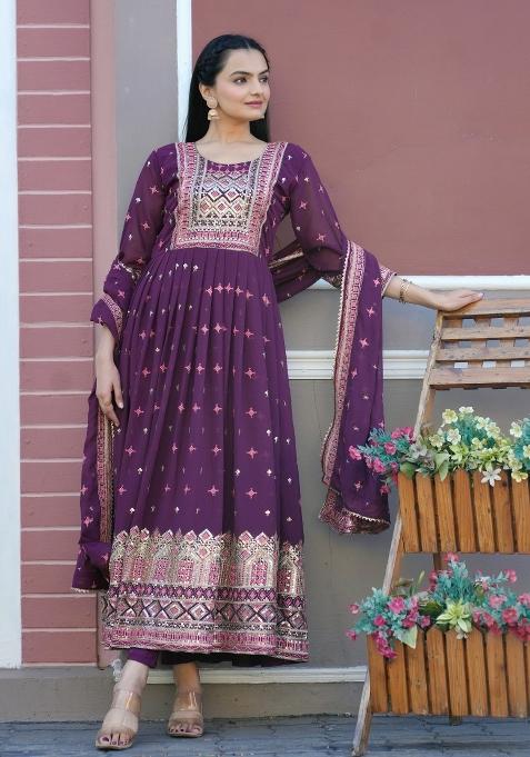 Purple Georgette Embroidered Kurta Set
