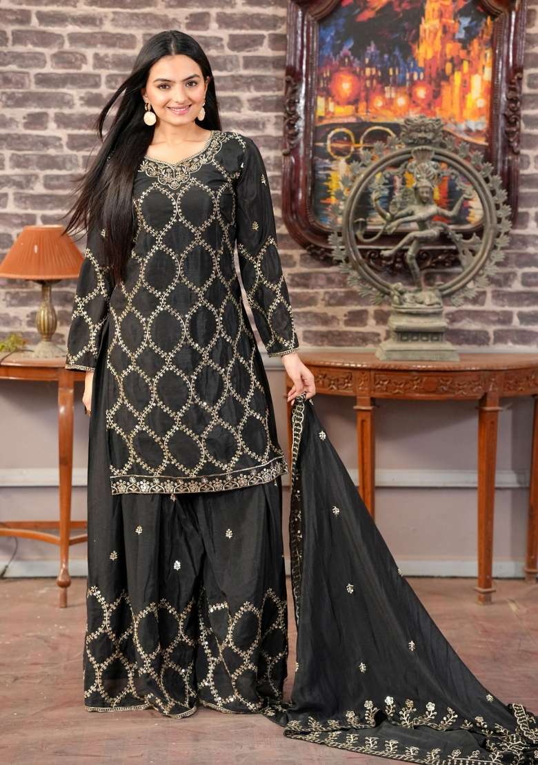 Black Embroidered Chinon Sharara Set - Indya