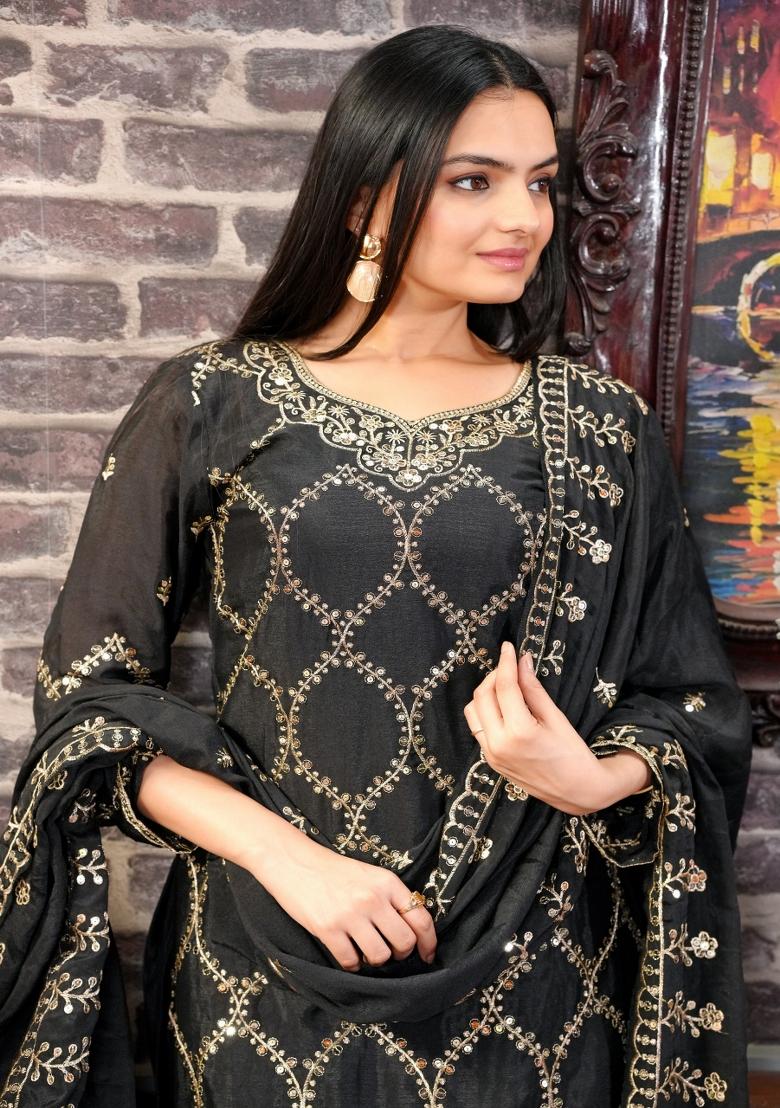 Black Chinon Embroidered Kurta Set