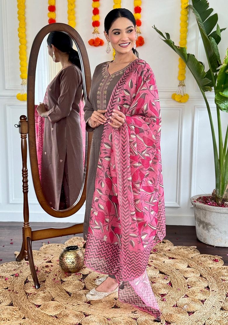 Brown Chanderi Viscose Embroidered Kurta Set