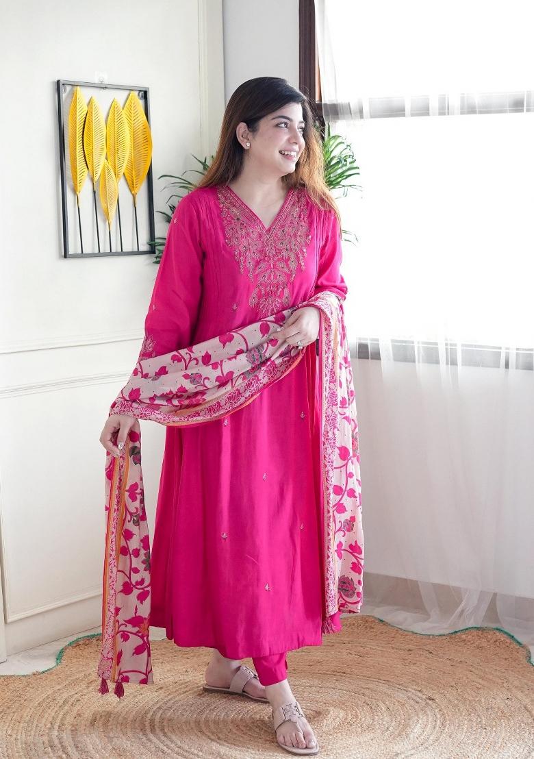 Pink Chanderi Embroidered Kurta Set