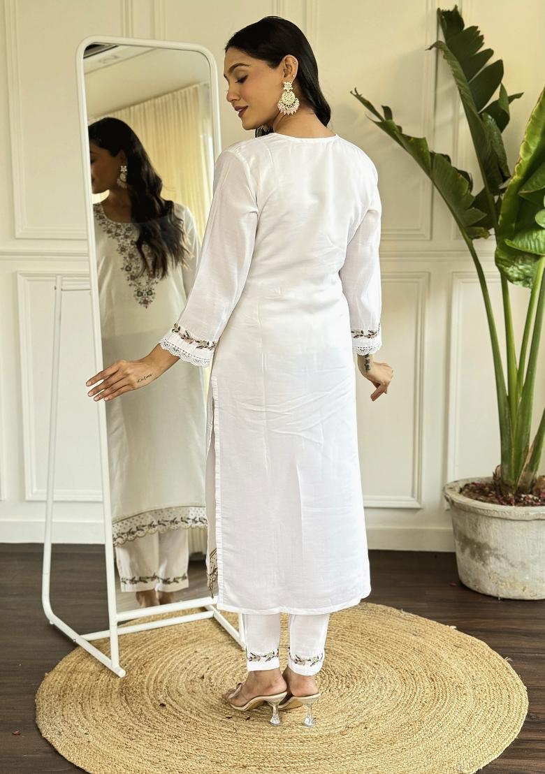 White Chanderi Viscose Embroidered Kurta Set