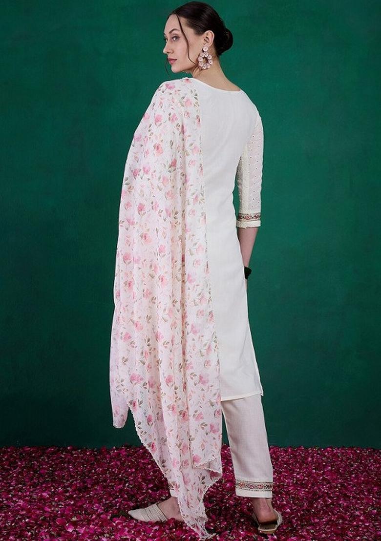 White Chanderi Viscose Embroidered Kurta Set