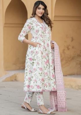 Pink Chanderi Cotton Embroidered Kurta Set